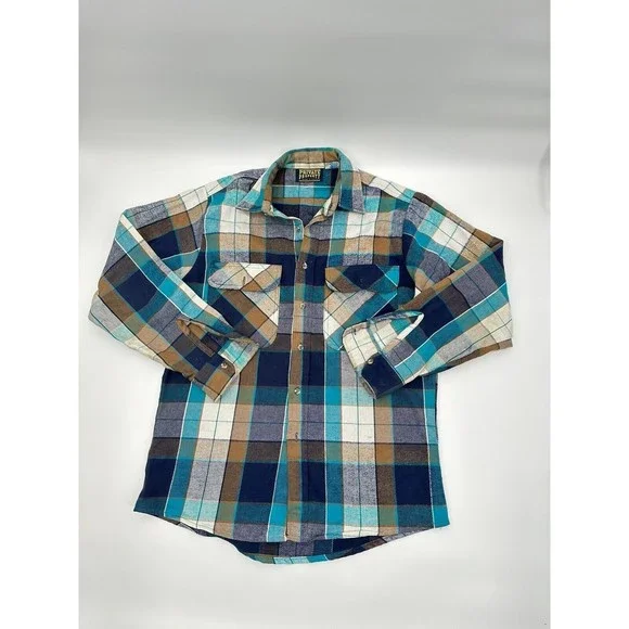 Vintage Private Property‎ Flannel Shirt Mens  M Blue Green Plaid Button Up Thick - Picture 6 of 15